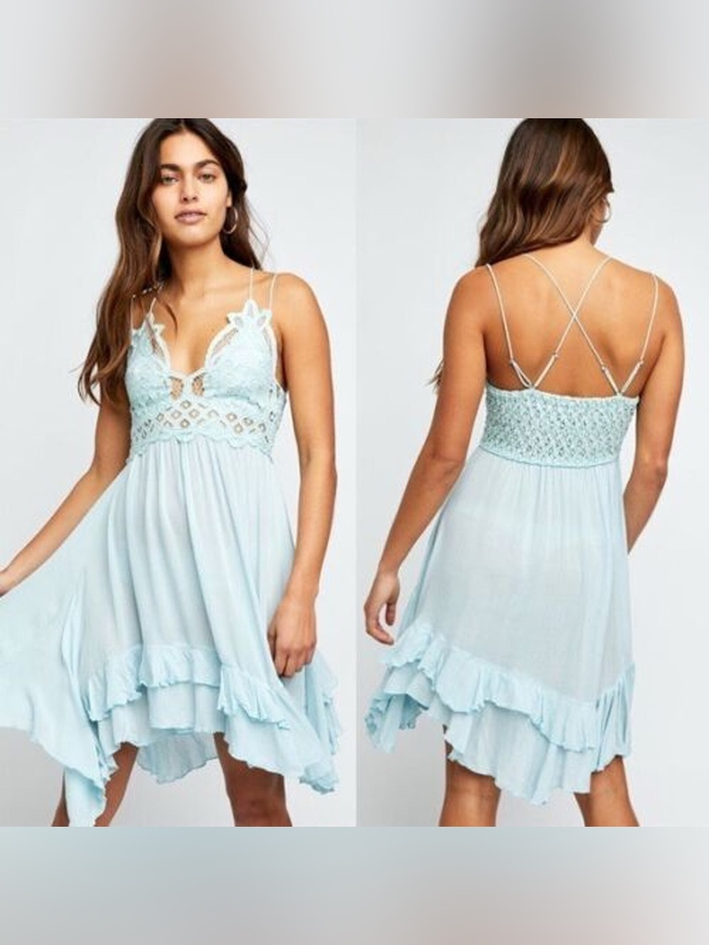 Free people adella slip Light sea Blue Lace-Trim Spaghetti Strap Dress